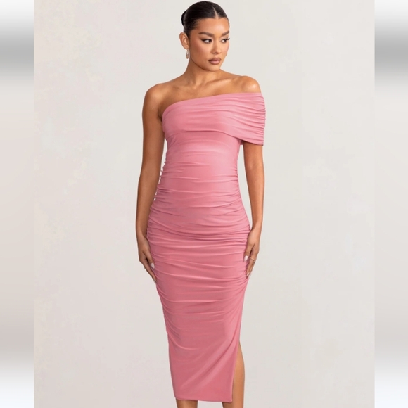 Odelia | Blush Maternity Midi Dress with Asymmetric Sleeve and Side Split US 12 - Picture 1 of 3